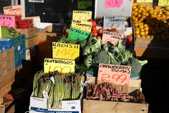 Prices of fruit and vegetables are on display in a store in Brooklyn, New York City