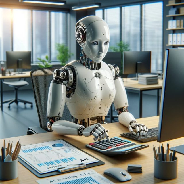 DALL·E-2024-01-22-12.58.44-A-lifelike-image-of-a-robot-calculating-the-cost-of-GAI-General-Artificial-Intelligence-on-a-calculator-in-an-office-setting.-The-robot-is-designed-