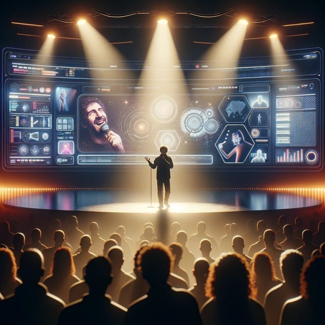 DALL·E-2024-01-26-08.44.34-Create-a-cinematic-life-like-image-in-the-style-of-David-Lynch-or-Anurag-Kashyap.-Visualize-a-scene-of-a-stand-up-comedy-show-emphasizing-the-blend-