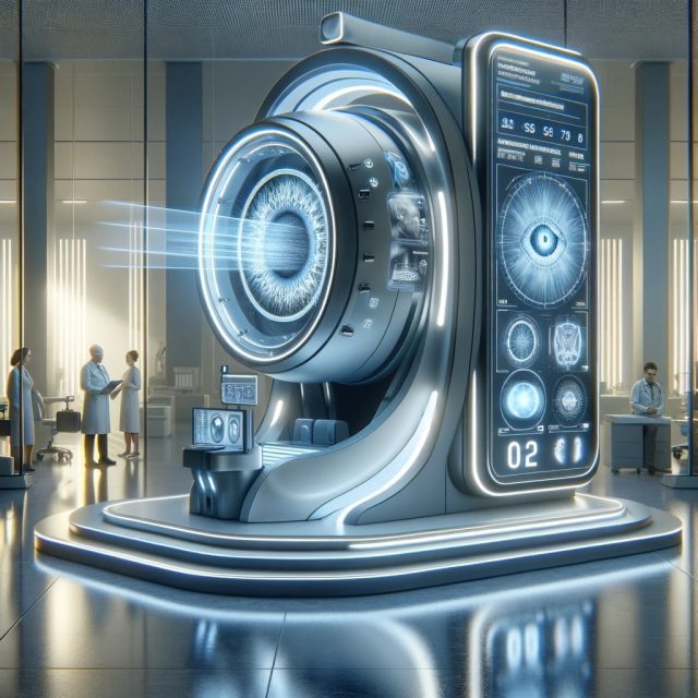 DALL·E-2024-01-29-09.39.58-A-futuristic-medical-setting-illustrating-the-theme-Medical-AI-Revolutionizes-Myopia-Diagnosis.-The-image-should-depict-a-sleek-modern-clinic-with-