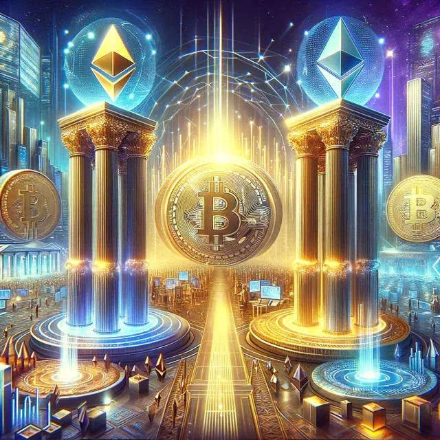 DALL·E-2024-02-14-21.26.10-A-dynamic-and-visually-striking-illustration-depicting-Genesis-authorization-to-sell-1.6-billion-worth-of-Bitcoin-and-Ethereum-shares.-The-scene-is-