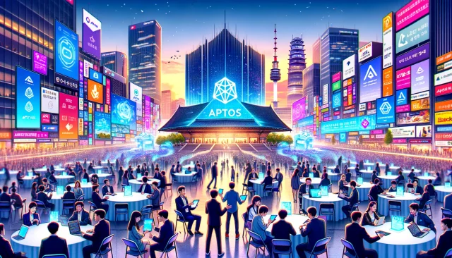 DALL·E-2024-03-09-20.01.51-A-bustling-conference-scene-set-in-the-vibrant-city-of-Seoul-South-Korea-captures-the-essence-of-The-Aptos-Experience.-The-foreground-shows-divers