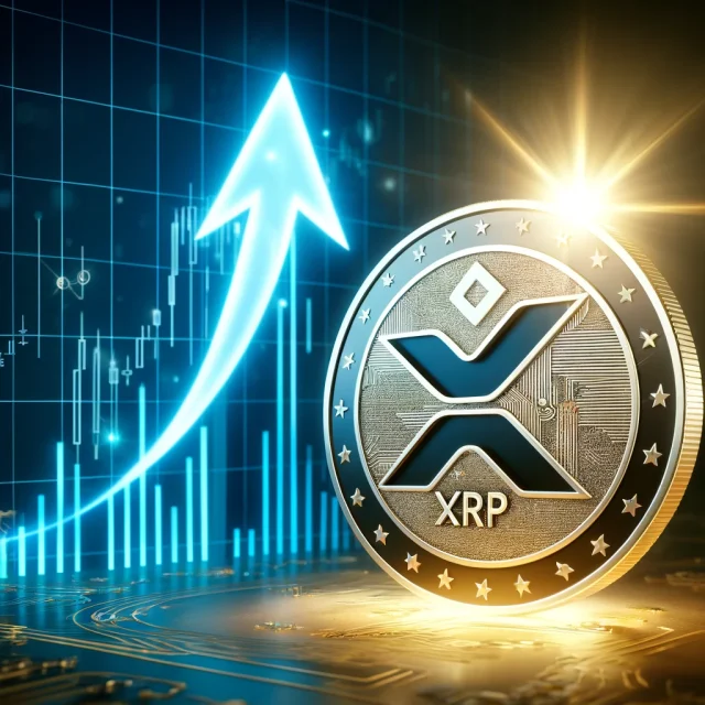 DALL·E 2024-10-22 15.26.52 - An image depicting an XRP coin symbolically gaining in value. The XRP coin is shown with a bright upward arrow next to it, indicating a price increase