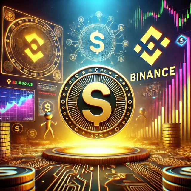 DALL·E 2024-10-22 15.33.01 - An image depicting the Scroll (SCR) cryptocurrency coin being listed on Binance and Bybit. The scene features the SCR coin prominently in the center,