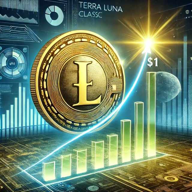 DALL·E 2024-10-25 17.38.22 - An artistic illustration of a Terra Luna Classic coin symbol reaching a $1 mark, with the coin glowing brightly as it ascends a digital financial char