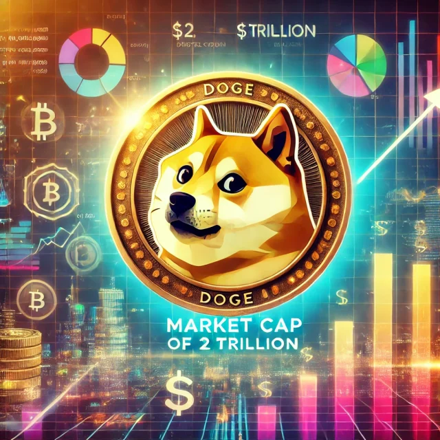 DALL·E 2024-10-28 10.55.55 - A digital illustration featuring the Dogecoin logo with an overlay indicating a market cap of $2 trillion. The Dogecoin symbol is highlighted in a vib
