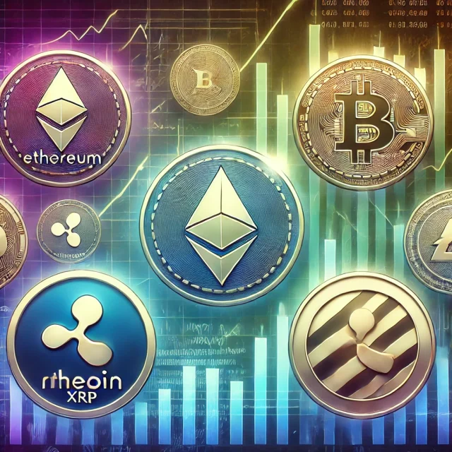 DALL·E 2024-10-28 11.05.41 - A digital illustration featuring a collection of popular altcoins, including symbols for Ethereum, Ripple (XRP), Litecoin, Cardano, and others. Each a