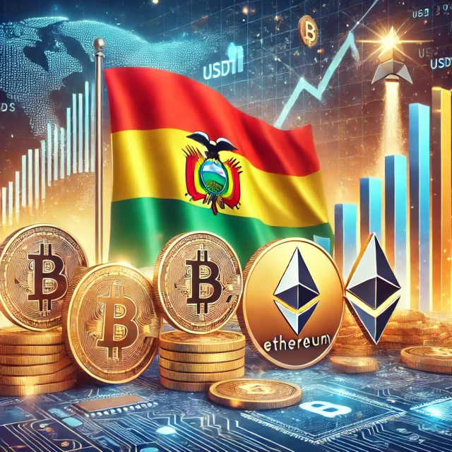 DALL·E 2024-10-28 11.12.48 - A digital illustration depicting Bolivia's connection with cryptocurrency, featuring the Bolivian flag alongside popular crypto symbols such as Bitcoi