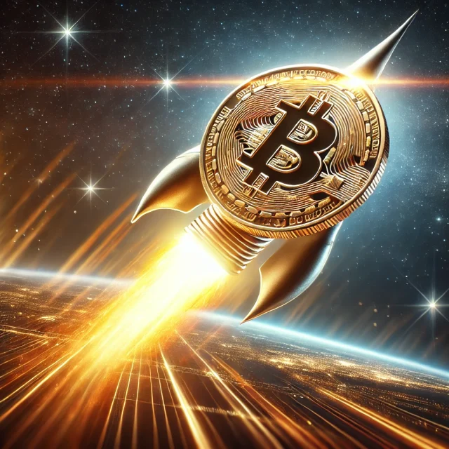 DALL·E 2024-10-29 13.23.26 - An image of a Bitcoin coin poised to take off, resembling a rocket launch. The Bitcoin coin is displayed prominently in a dynamic, upward angle with a