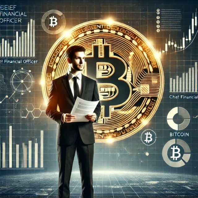 DALL·E 2024-10-30 13.40.36 - A digital illustration of a Chief Financial Officer (CFO) standing confidently with a large Bitcoin symbol in the background. The CFO is in business a