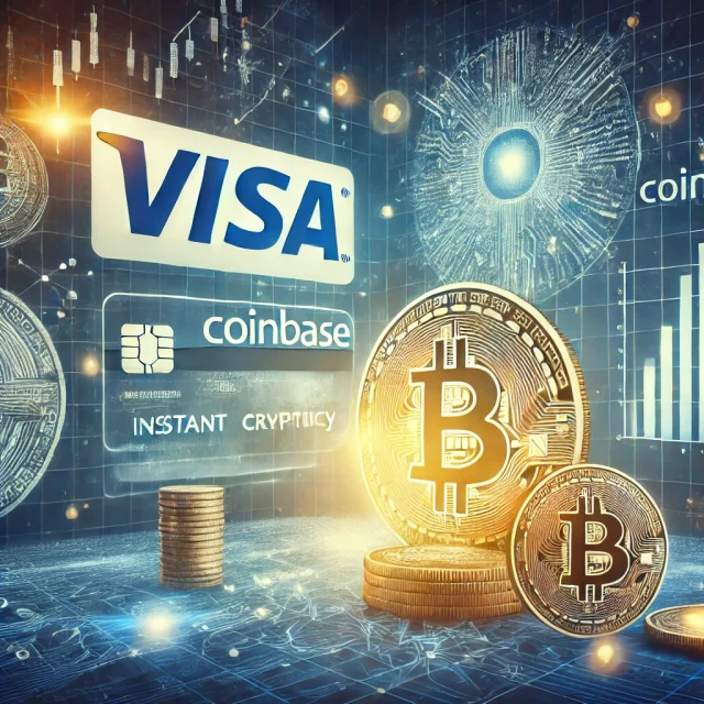 DALL·E 2024-10-30 13.52.11 - A digital illustration showing the Visa and Coinbase logos prominently, symbolizing their partnership in cryptocurrency investing. The scene includes