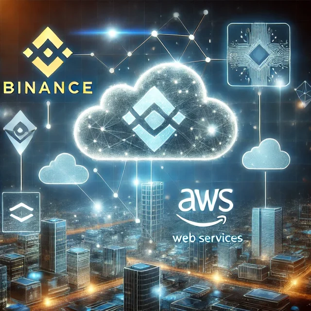 DALL·E 2024-10-31 19.53.38 - A high-tech digital illustration representing the collaboration between Binance and Amazon Web Services (AWS) to enhance AI-driven customer experience