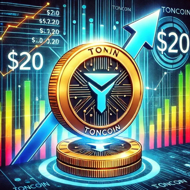 DALL·E 2024-11-01 11.41.37 - A dynamic digital illustration of Toncoin with a $20 target. The image shows the Toncoin logo with an upward-trending arrow indicating a potential ris