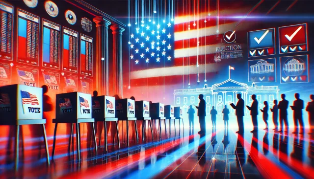 DALL·E 2024-11-05 15.41.44 - A dynamic image depicting the U.S. election atmosphere, showing symbols like voting booths, the American flag, and electronic screens displaying red a