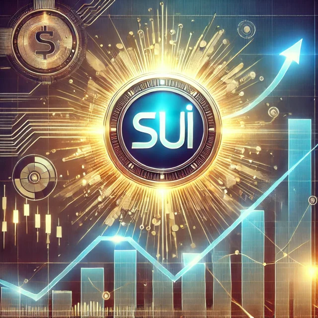 DALL·E 2024-11-05 15.49.19 - A digital illustration featuring SUI cryptocurrency with a futuristic, dynamic design. The SUI logo and symbol are prominently displayed in the center