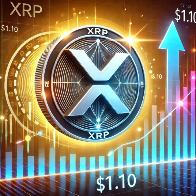 DALL·E 2024-11-05 15.52.15 - A digital illustration of XRP cryptocurrency moving towards a price target of $1.10. The XRP logo is displayed prominently, with a rising price chart
