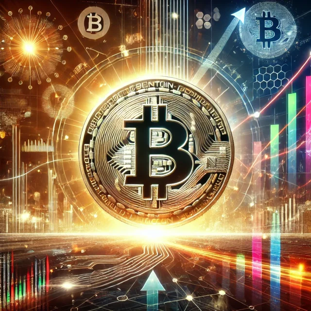 DALL·E 2024-11-06 21.00.40 - A striking digital illustration featuring Bitcoin (BTC) in a futuristic financial setting. The Bitcoin symbol is prominently displayed, surrounded by