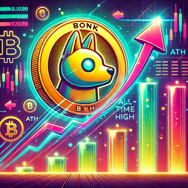 DALL·E 2024-11-06 21.08.54 - A vibrant digital illustration of BONK coin aiming for a new all-time high (ATH). The BONK coin, featuring its distinctive dog-themed design, is shown