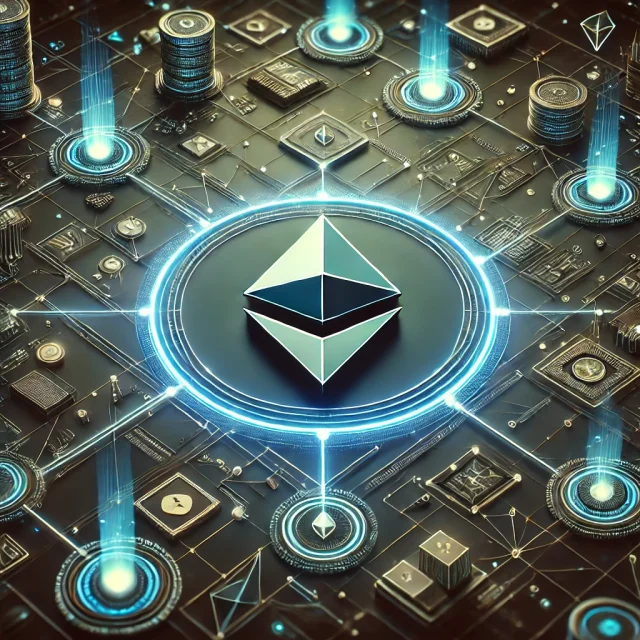 DALL·E 2024-11-07 20.04.17 - A detailed image of the Ethereum logo in a futuristic digital environment, symbolizing a new testnet launch. The scene includes network lines, glowing
