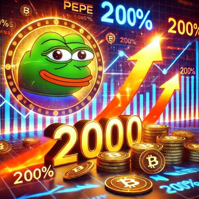 DALL·E 2024-11-07 20.19.13 - An image representing Pepe cryptocurrency on the verge of a 200% price surge. Show a vibrant digital scene with the Pepe logo prominently displayed al