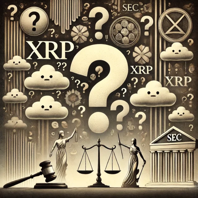 DALL·E 2024-11-12 19.27.26 - Create an image depicting the uncertainty surrounding the XRP case with the SEC. Show the XRP logo in the center, surrounded by question marks, scales