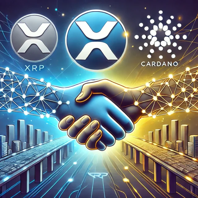 DALL·E 2024-11-12 23.52.57 - Create an image illustrating a symbolic collaboration between XRP and Cardano. Show the logos of XRP and Cardano intertwined or connected by a handsha