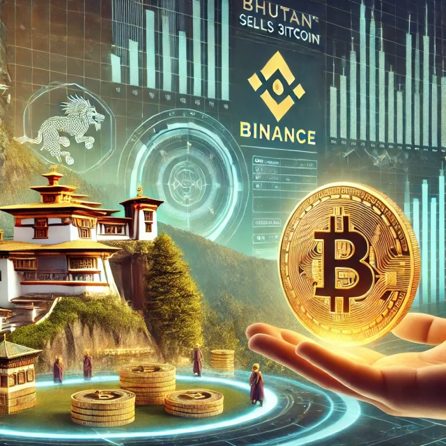DALL·E 2024-11-14 20.20.12 - An illustrative image of the Royal Bhutan Government engaging in cryptocurrency trade. The scene includes a digital representation of Bitcoin being so