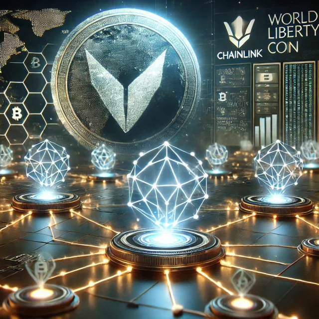 DALL·E 2024-11-14 20.29.02 - A futuristic and professional image depicting the collaboration between World Liberty Coin and Chainlink. The scene features interconnected blockchain