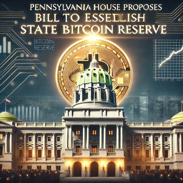 DALL·E 2024-11-14 21.01.17 - An image representing Pennsylvania House proposing a bill to establish a state Bitcoin reserve. The scene features the Pennsylvania State Capitol buil