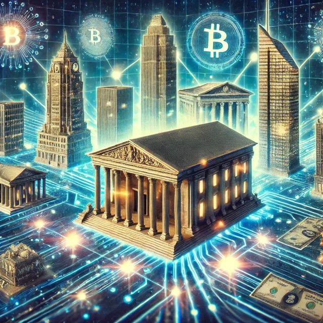 DALL·E 2024-11-15 17.35.09 - An artistic representation of financial institutions driving the growth of real-world asset (RWA) tokenization to a trillion-dollar scale. The image s