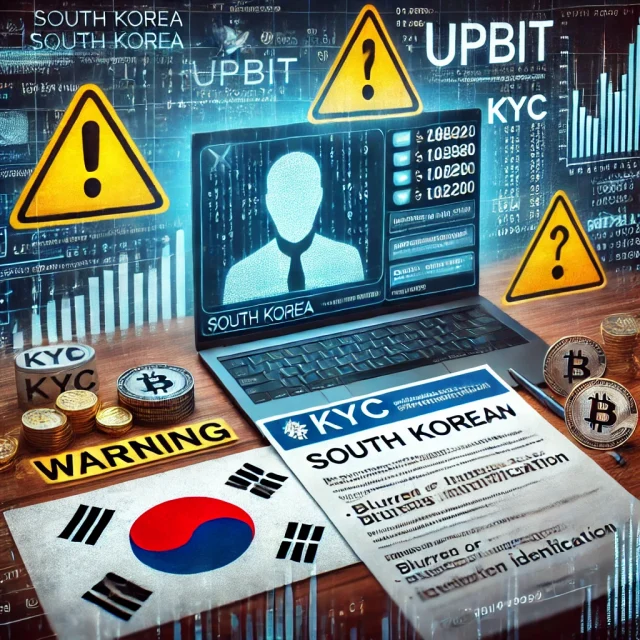 DALL·E 2024-11-15 17.43.48 - An image depicting South Korea's Upbit exchange under investigation for KYC violations. Show a digital cryptocurrency exchange interface with warning