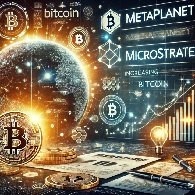DALL·E 2024-11-18 13.07.15 - A futuristic and dynamic digital illustration showcasing Metaplanet and MicroStrategy increasing their Bitcoin acquisitions as the cryptocurrency's pr