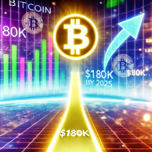 DALL·E 2024-11-18 13.23.29 - A futuristic and optimistic digital illustration depicting Bitcoin's projected journey to $180K by 2025, as predicted by VanEck. The scene features a