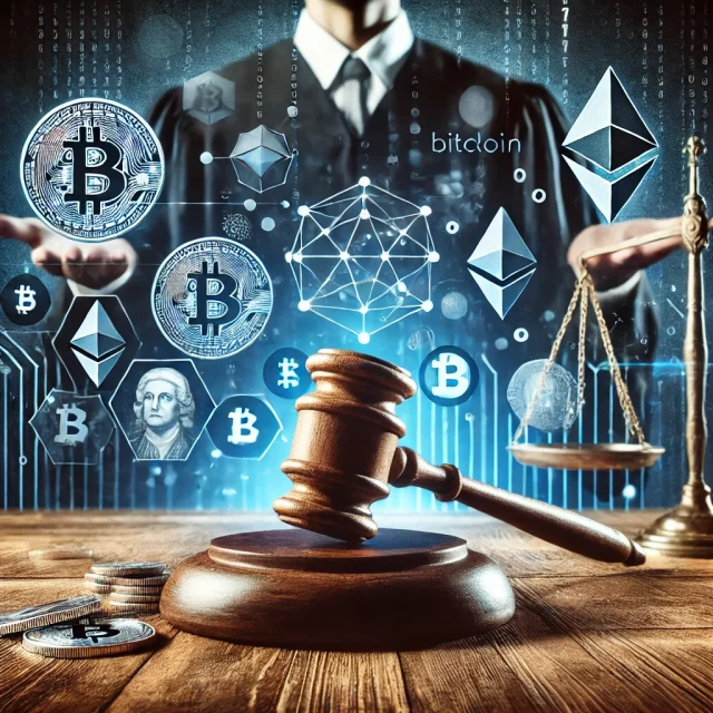 DALL·E 2024-11-19 15.09.01 - An image representing a legal conflict between Kraken, a cryptocurrency exchange, and the SEC, set in a courtroom scene. A judge's gavel is prominentl