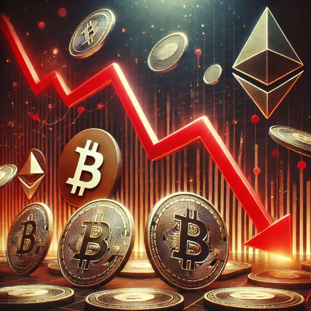 DALL·E 2024-11-19 15.11.30 - A conceptual illustration representing a potential cryptocurrency market fall. The image features a graph with a steep downward trend alongside promin