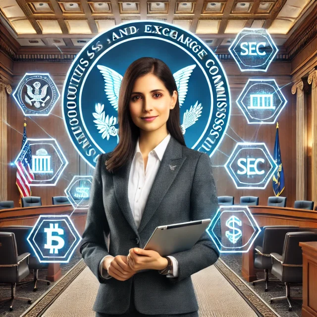 DALL·E 2024-11-20 16.09.53 - A professional setting featuring a confident woman, Teresa Goody Guillén, depicted as a securities and blockchain expert, standing in front of a moder