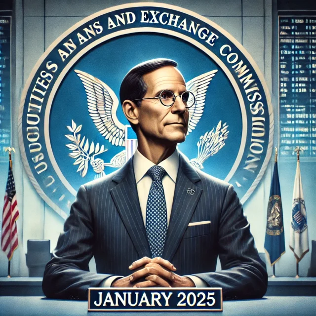 DALL·E 2024-11-21 20.32.57 - An image symbolizing the resignation of Gary Gensler as US SEC Chair in January 2025, featuring a professional portrait of a figure resembling Gensler