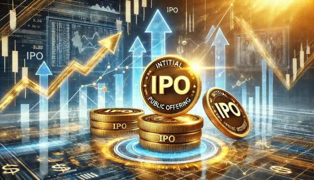 DALL·E 2024-11-22 16.14.06 - A visually engaging illustration of IPO (Initial Public Offering) coins, symbolizing their launch in the financial market. The image features shiny, g