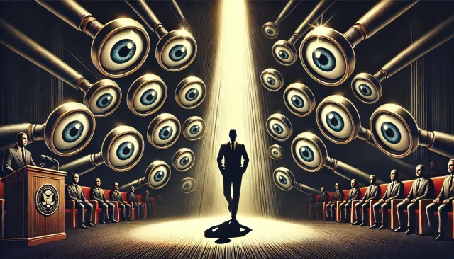 DALL·E 2024-11-22 16.17.56 - A dramatic and symbolic illustration depicting the concept of a successor facing intense scrutiny. The image features a figure stepping into a spotlig