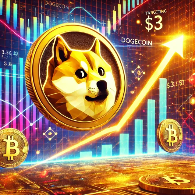 DALL·E 2024-11-26 14.24.27 - A vibrant digital illustration showcasing Dogecoin's price targeting $3, featuring a prominent golden cross pattern on a financial chart. The image hi