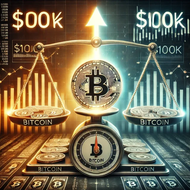 DALL·E 2024-11-27 12.48.18 - A futuristic digital illustration depicting Bitcoin with a 50-50 chance of reaching $100,000 by year-end. The image shows a large Bitcoin symbol at th