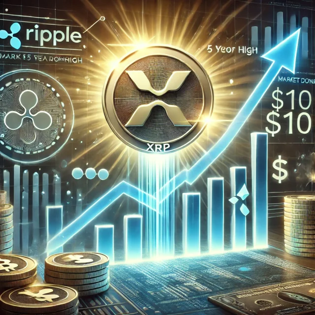 DALL·E 2024-11-29 12.37.21 - A futuristic digital illustration depicting XRP's potential rise to $10 as Ripple's market dominance peaks at a 5-year high. The image features a glow