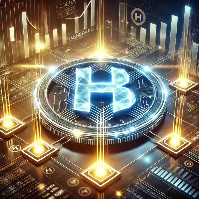 DALL·E 2024-12-02 14.08.19 - A visually striking digital illustration featuring the Hedera Hashgraph (HBAR) logo as the centerpiece. The design includes glowing blockchain element