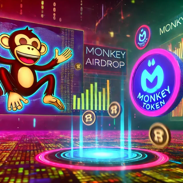 DALL·E 2024-12-02 14.24.13 - A vibrant digital illustration highlighting the Monkey Airdrop listing for the MONKY token. The scene features a futuristic cryptocurrency exchange pl