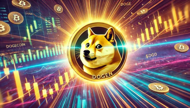 DALL·E 2024-12-02 16.49.01 - A futuristic digital landscape featuring Dogecoin (DOGE) represented as a glowing golden coin with the Shiba Inu logo, breaking through a glowing resi