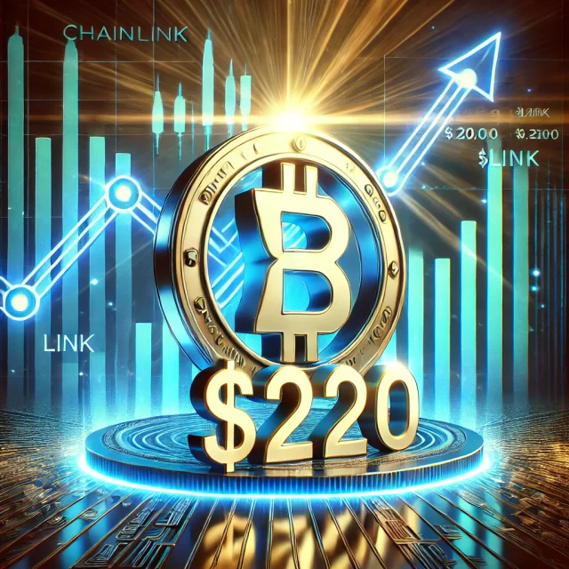 DALL·E 2024-12-03 15.54.41 - A futuristic digital illustration featuring Chainlink (LINK) cryptocurrency with a focus on its potential rise to $200. The image showcases the Chainl
