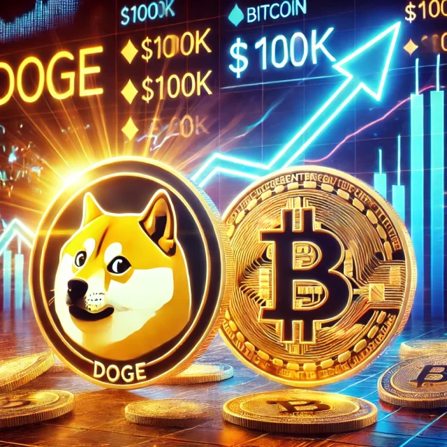 DALL·E 2024-12-05 20.22.41 - A vibrant digital artwork illustrating Dogecoin (DOGE) and Bitcoin (BTC) in a dynamic market setting. The image features a glowing Dogecoin logo along
