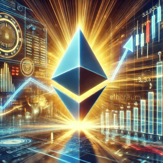DALL·E 2024-12-09 13.02.46 - A dynamic digital illustration of Ethereum's chart signaling a potential new high in the coming week. The image features a glowing Ethereum logo in th