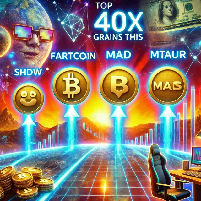 DALL·E 2024-12-09 14.48.01 - A vibrant and futuristic digital illustration highlighting the top 4 Solana tokens—FARTCOIN, SHDW, MAD, and MTAUR—poised for 40X gains this December.