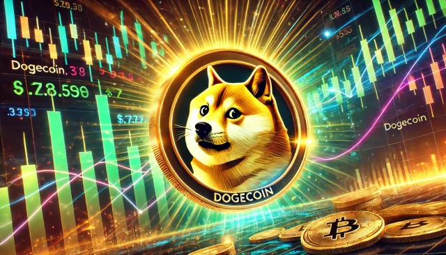 DALL·E 2024-12-10 20.16.22 - A dynamic and futuristic representation of Dogecoin's potential rise to $18 despite a recent price crash. The image features the Dogecoin logo promine